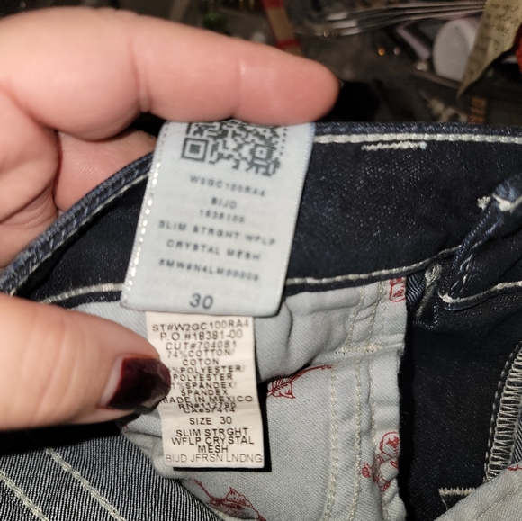Misses sz 30 True Religion Jeans Crystal mesh pockets Slim Straight Stretch LN - Picture 6 of 10